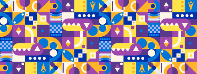 Colorful colourful geometric mosaic seamless pattern illustration with creative abstract shapes. Vector flat mosaic horizontal banners template