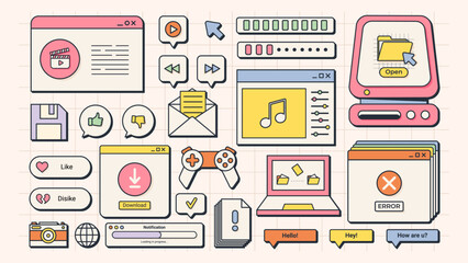 27 Flat Cartoon User Interface Elements. Old Computer Screen. Retro Vaporwave Vector Windows. Y2K style. You can change colors and texts as you wish.