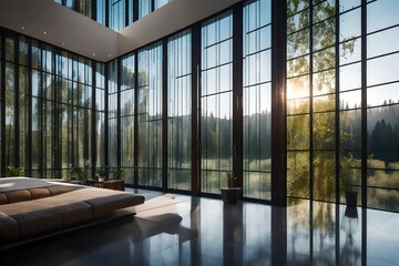 A photograph capturing the elegance of glass wall panels, allowing natural light to flood the interior while providing a seamless connection to the outdoors.