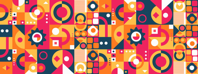 Colorful colourful modern minimalist mid century neo geometric mosaic bauhaus style memphis seamless pattern abstract vector illustration. Vector flat mosaic horizontal banners template