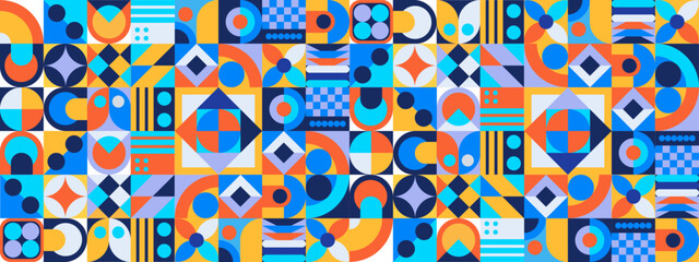 Colorful colourful abstract geometric mosaic banner design with simple shapes. Vector flat mosaic horizontal banners template