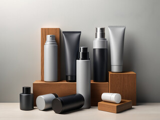 Wellness SPA salon beauty products mockup. Men's cosmetic bundle for skin hair care. Matte gray plastic bottles and tubes stand on wooden podiums in row on concrete backdrop. Branding identity
