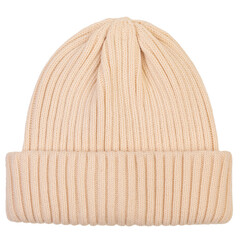 Classic Beige Knitted Beanie Hat Isolated on White