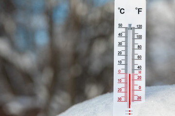 Outdoor thermometer indicates melting point temperature