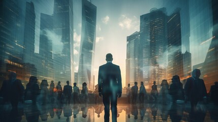 Transparent silhouettes of businesspeople set against the backdrop of Moscow's cityscape, in a striking double exposure.