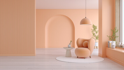 Peach fuzz trend color of the year 2024  ,minimal interior  livingroom. peach armchair  with peach color paint wall. . Mockup background. 3d render - obrazy, fototapety, plakaty