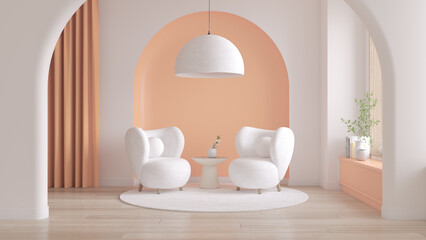 Peach fuzz trend color year 2024  ,minimal interior  livingroom. white armchair with peach color paint wall. Mockup background. 3d render