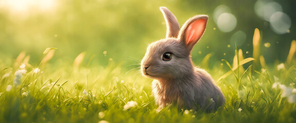 Rabbit. Cute little Easter bunny in meadow. Green grass under sunbeams. Rabbit