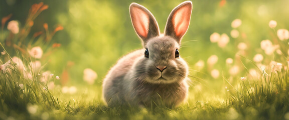 A little rabbit on the green grass on a spring day.