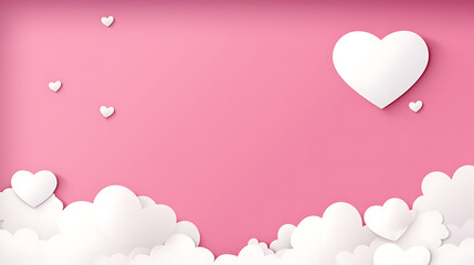 Happy Valentine's day poster or voucher. Beautiful paper cut white clouds with white heart frame on pink background. Vector illustration. Papercut style. Place for text. Generative AI