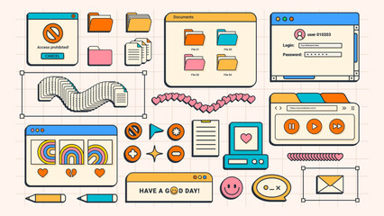 26 Flat Cartoon User Interface Elements. Old Computer Screen. Retro Vaporwave Vector Windows. Y2K style. You can change colors and texts as you wish.