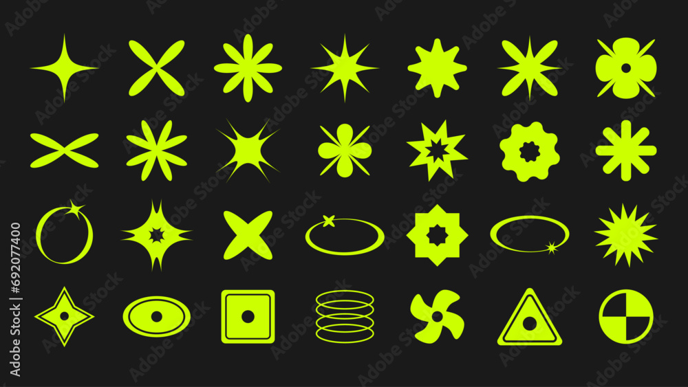 Poster acid brutalism abstract shapes in vibrant green. abstract collection of retro futuristic elements in