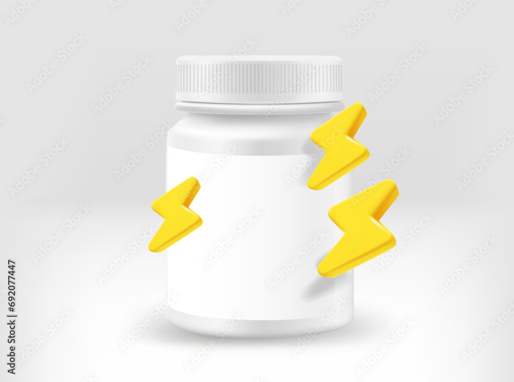 Poster white plastic jar with tabs and with thunderbolts. 3d vector illustration