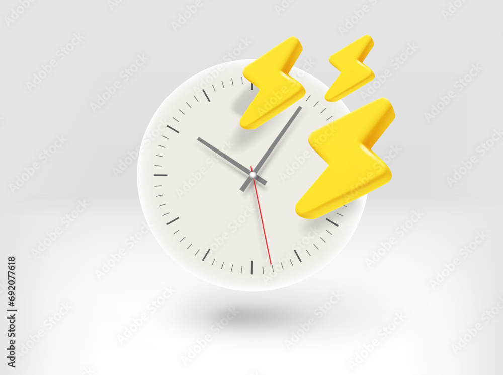 Poster clock with thunderbolts. 3d vector illustration