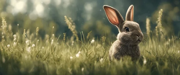 Fotobehang Adorable rabbit sitting on grass with natural bokeh in backdrop. Cute baby © Екатерина Переславце