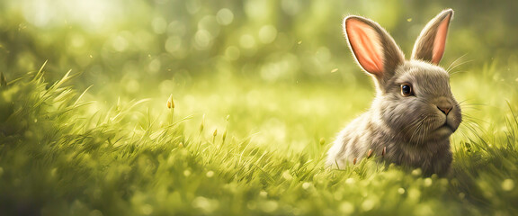 Cute adorable fluffy rabbit sitting on green grass lawn at backyard. Small