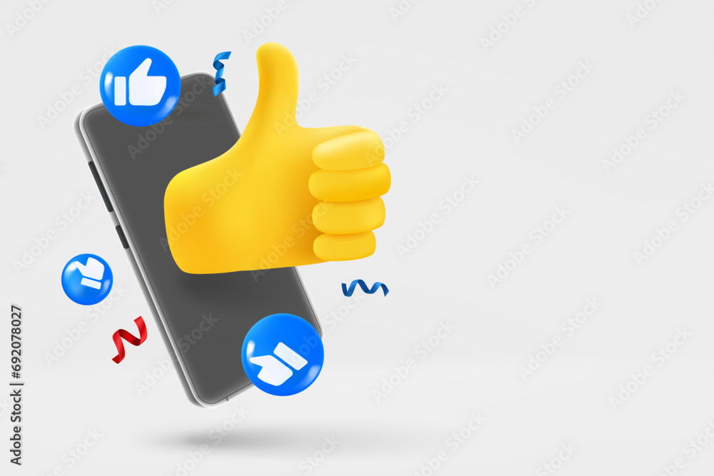 Poster modern smartphone with social media icons. 3d vector banner with copy space