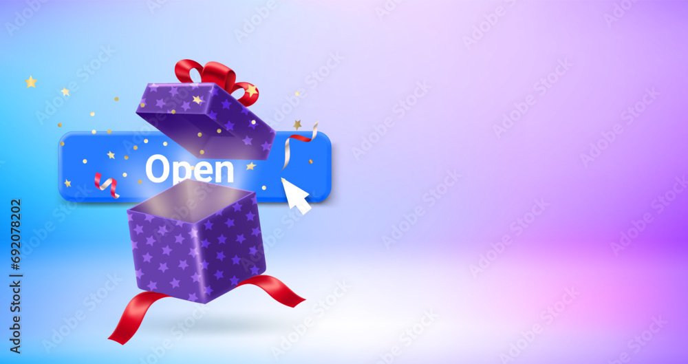 Poster Open button with gift box. Vector 3d banner with copy space
