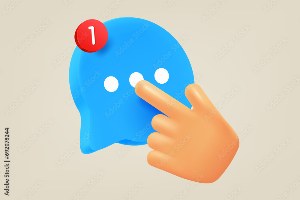Poster hand pressing green button with new message. 3d vector illustration