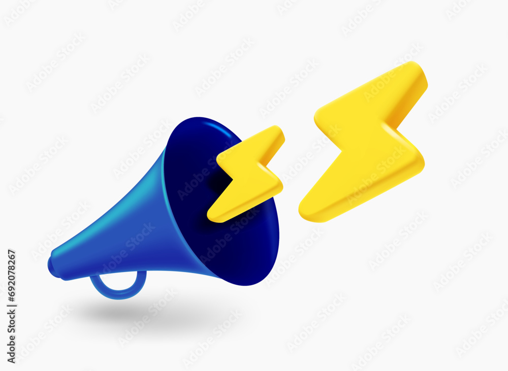 Poster loudspeaker with thunderbolts. announcement concept. 3d vector illustration