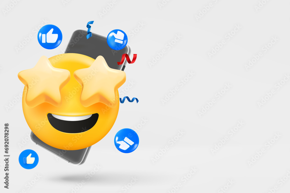 Poster modern smartphone with social media icons and laughing starry eyes emoji. 3d vector banner with copy