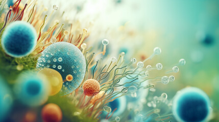 A magnified view of saliva showing various microorganisms, Micro-world, Molecular Biology, blurred background, with copy space - obrazy, fototapety, plakaty