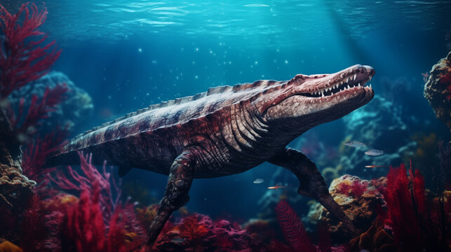 An underwater scene featuring a Mosasaurus hunting among prehistoric corals, Evolution, Paleontology, blurred background, with copy space