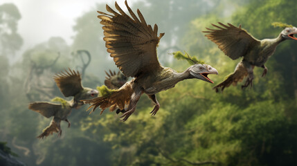 A flock of Archaeopteryx taking flight from a treetop, Evolution, Paleontology, blurred background, with copy space