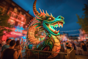 green dragon looms over a bustling street at night, a neon symbol of the Chinese New Year