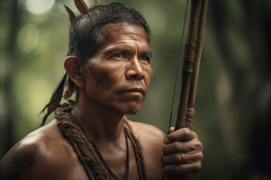 Generative AI image of Indigenous amazon man with a spear in nature