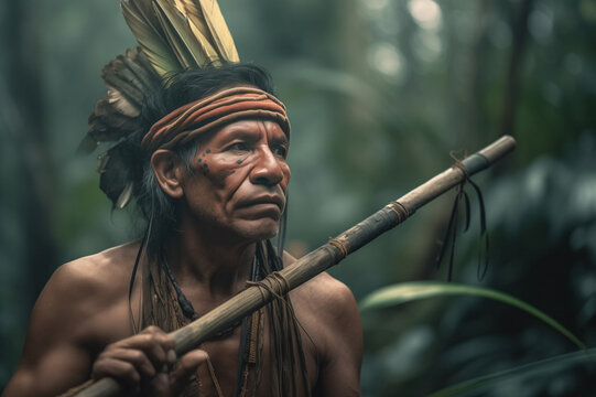 Generative AI image of Indigenous Man Holding a Spear