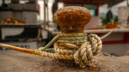 fishing boat ropes tied to bollard