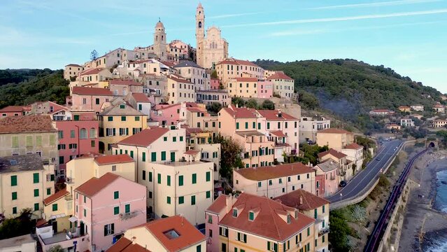 Cervo's church and historic structures, seen from above using a drone