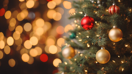 Christmas tree. Christmas decorations and lights with blurred background.