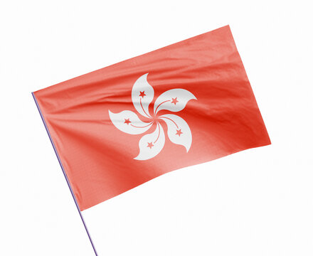 3d illustration flag of Hong Kong. Hong Kong flag waving isolated on white background with clipping path. flag frame with empty space for your text.