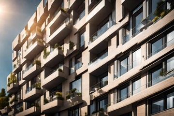A sunlit day illuminates the exterior of a modern apartment building, s