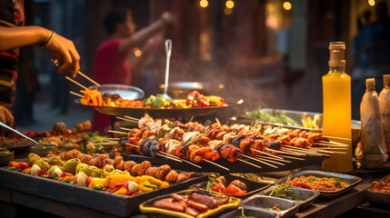 a variety of skewered and grilled foods being prepared and displayed for sale, highlighted by warm lighting and the atmospheric quality of steam or smoke rising from the grilling area.
