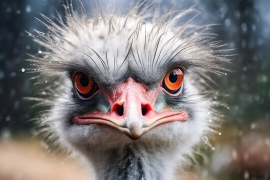 Generative AI image of an intense ostrich under the snow