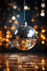 Obraz premium golden disco ball shines and glows. party and celebration in the club. lights and bokeh on the background.