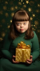 Fototapeta na wymiar Cute smiling down syndrome girl on the green background. care and concern for a disabled person