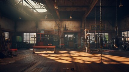 An atmospheric old gym with a patina of age, featuring a heavyweight boxing bag and retro fitness equipment.