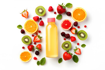 Bottle with multi vitamin fruit juice surrounded by ingredients on white background.