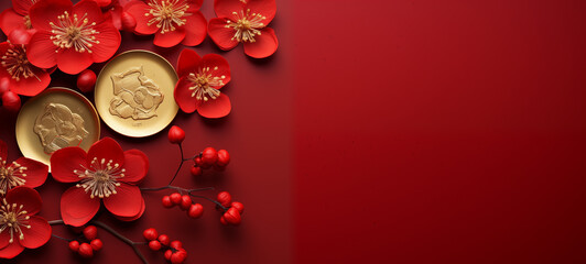 Traditional Chinese New Year , red flower with gold coin on red background with copy space