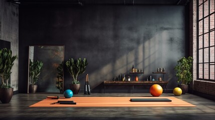 An elegant gym studio with a yoga mat set amidst calming props, framed by a large black wall for textual content. - obrazy, fototapety, plakaty