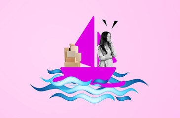 Poster collage of sailor in boat with boxes
