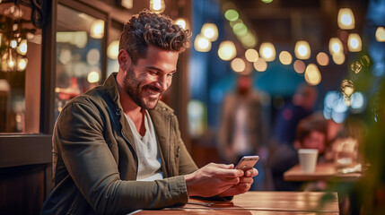man smile with a cell phone in a cafe