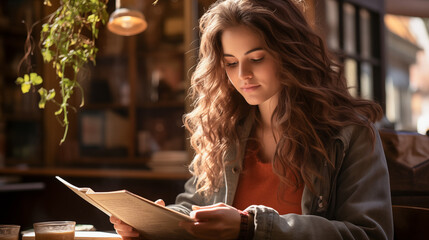 women reading a book in retro cafe