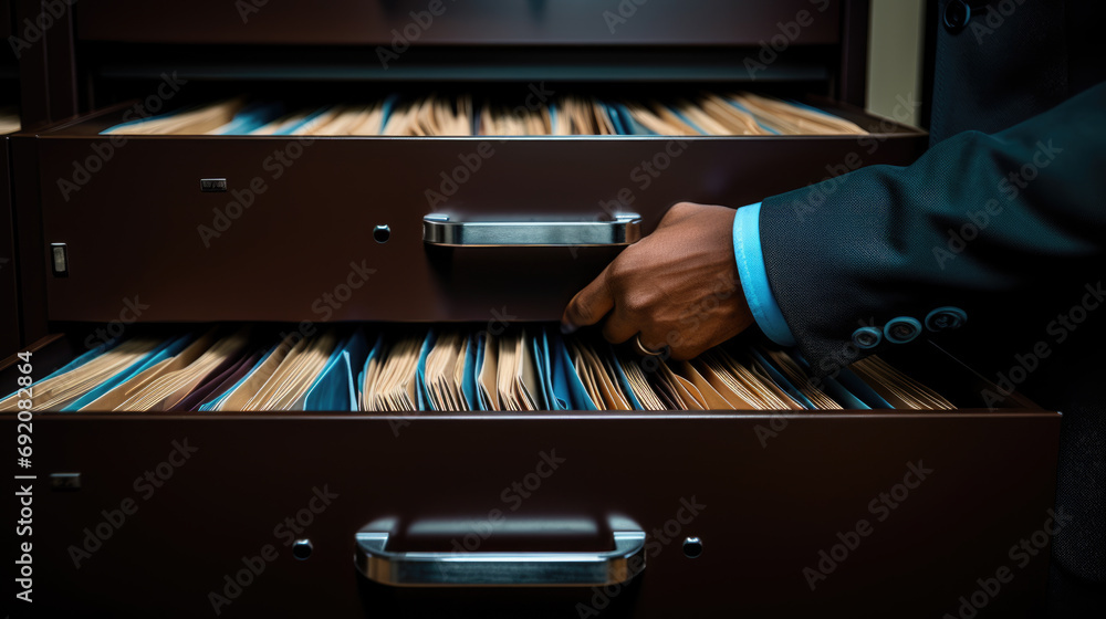 Poster close-up of a person in a business suit searching through open file drawers full of documents.