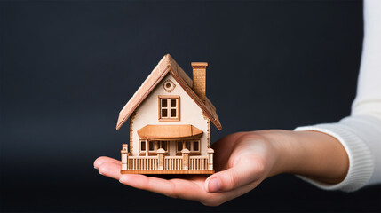 Female hand holding house model on isolated background - ai generative