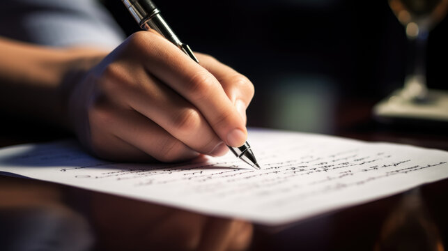 Close-up of a person's hand holding a ballpoint pen and writing on a white paper with visible text. © MP Studio